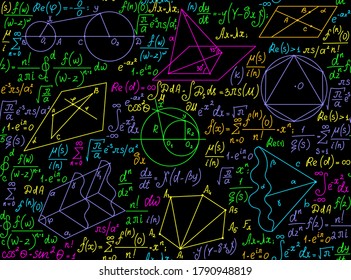 Multicolored math scientific vector seamless pattern with geometry figures, calculations and formulas