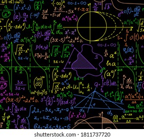 Multicolored math scientific vector seamless pattern with geometry figures, calculations and formulas