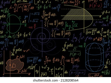 Multicolored math vector seamless background with handwritten figures, formulas and calculations