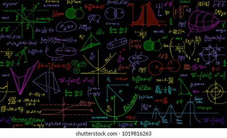 Multicolored Math Vector Seamless Pattern With Handwritten Plots, Formulas And Calculations