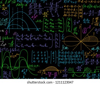 Multicolored math vector seamless pattern with various algebra formulas, matrixes and geometrical figures. You can use any color of background or foreground