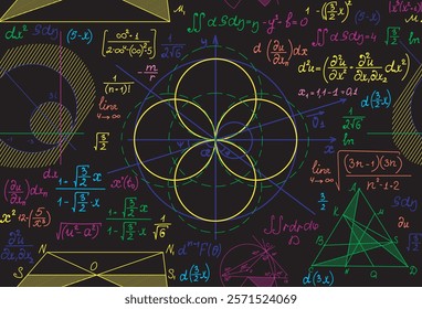 Multicolored math vector seamless pattern with handwritten plots, equations, formulas. Endless scientific texture.