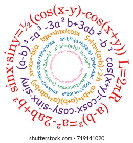 Multicolored mathematical formulas, arranged in a circle, hand drawing, vector image