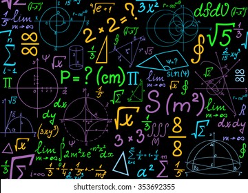 Multicolored mathematical vector seamless pattern with geometrical plots, formulas and calculations. Math colorful endless texture. You can use any color of background