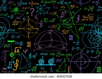Multicolored mathematical vector seamless pattern with geometrical plots, formulas and calculations. Math colorful endless texture. You can use any color of background