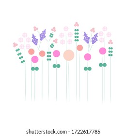 Multicolored meadow flowers on a white background. Geometric flowers. Botanical illustration. For decorating textiles, tableware, wrapping paper, greeting cards, textbooks, clothing prints, stickers