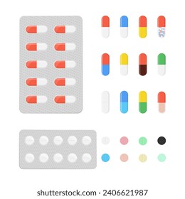 Multicolored medical capsules and round pills collection vector illustration