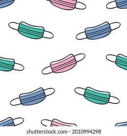 Multi-colored medical face masks. Seamless vector pattern. Endlessly repeating pattern. Personal protective equipment against viral infection. Medical products on a colorless background. Idea for case
