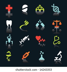 Multicolored medicine icons on black background