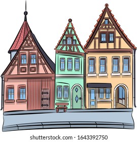 Multi-colored medieval half-timbered houses in Rothenburg ob der Tauber. Vector illustration.