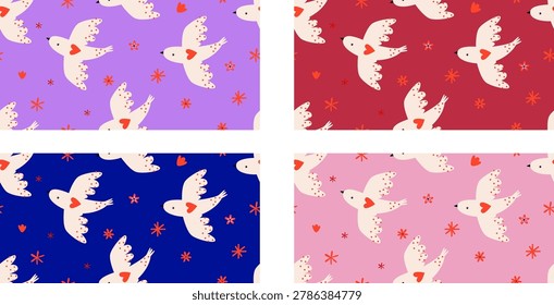 Multi-colored menstrual cycle patterns with flying heart birds and red flowers in purple red navy blue pink for variety period hygiene wrapping paper design
