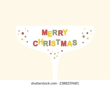 Multicolored Merry Christmas text in coupe champagne glass on beige background. Christmas greeting card. Flat vector illustration