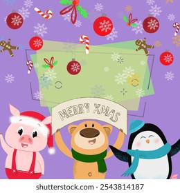 Multicolored merry Xmas poster design with cartoon trio. Illustration of bear, piglet, penguin on background with candy canes, mistletoe, snowflakes. Can be used for postcard, greeting card, leaflet