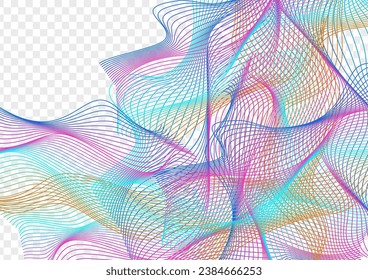 Multicolored Mesh Background Transparent Vector. Modern Texture. Iridescent Line Synergy. Contour Lattice Poster. Bright Figure Soundwave.