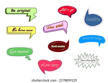 Multicolored message stickers. With different phrases for different occasions. Flat and lettering style.
