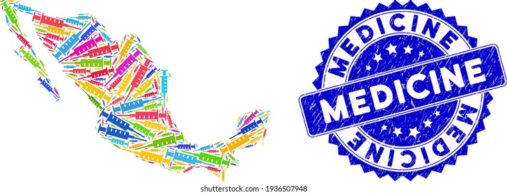 Multicolored Mexican mosaic map done of syringe pictograms, and Medicine textured seal stamp. Vector syringe scatter flat colored pictograms are combined into conceptual map of Mexico.