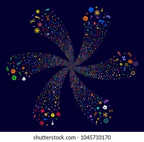 Multicolored Microbes cyclonic spin on a dark background. Hypnotic flower combined from randomized microbes symbols.