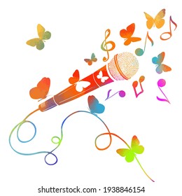 Multicolored microphone with butterflies and notes. Cartoon vector icon isolated on white background mic. Vector illustration