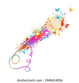 Multicolored microphone with butterflies and notes. Cartoon vector icon isolated on white background mic. Vector illustration