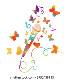 Multicolored microphone with butterflies and notes. Cartoon vector icon isolated on white background mic. Vector illustration