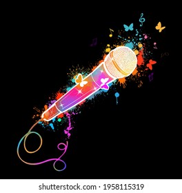 Multicolored microphone with butterflies and notes. Cartoon vector icon isolated mic. Vector illustration