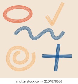 Multicolored minimalist ornamentation. Illustrations for background variety. Simple vector objects.