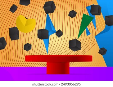 Mehrfarbige Mockup-Produktanzeige. Realistische Vektorgrafik 3D-Raum, Zylinderpodest Podium. Bühnenvitrine zur Präsentation. Futuristische Sci-Fi minimale geometrische Formen, leere Szene.