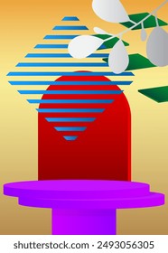Multicolored mockup product display. Realistic vector 3D room, cylinder pedestal podium. Stage showcase for presentation. Futuristic Sci-fi minimal geometric forms, empty scene.