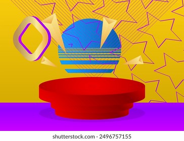 Multicolored mockup product display. Vector cylinder pedestal podium. Stage showcase for presentation. Futuristic Sci-fi minimal geometric forms, empty scene.