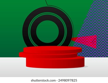 Multicolored mockup product display. Vector cylinder pedestal podium. Stage showcase for presentation.
