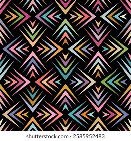 Multicolored modern ethnic style with thin arrowed lines isolated on a black background. Seamless vector pattern. Abstract geometric illustration with bright colors.