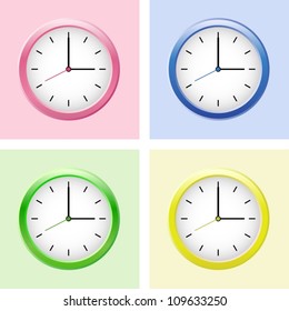 Multicolored modern style clock set. Vector illustration.