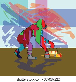 multi-colored monkey with a brush and a bucket of paint in his hands on an abstract background.