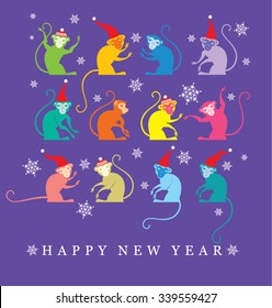 Multicolored monkey. Greeting card. Happy New Year.
