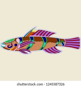 Multi-colored monster fish with one big spike on the back, vector