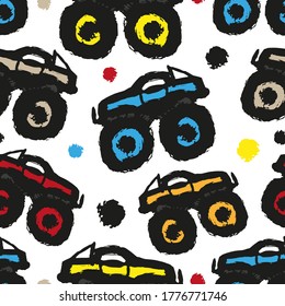 Multicolored monster truck sketches isolated on a white background. Cute childish seamless pattern. Hand drawn vector flat graphic illustration. Texture.