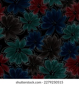 Multi-colored monstera leaves on a black background. Seamless pattern. Simple seamless floral vector pattern. 