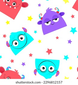 Multicolored monsters with stars in a seamless pattern on a white background