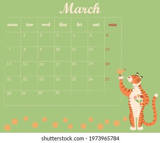 Multicolored Monthly Planner for March 2022 with an illustration of a cute tiger with flowers and a bird on its paw. A table with a calendar for March 2022 and a place to take notes. Vector illustrati