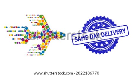 Multicolored mosaic airplane, and Same Day Delivery rubber rosette stamp seal. Blue stamp seal has Same Day Delivery caption inside rosette.