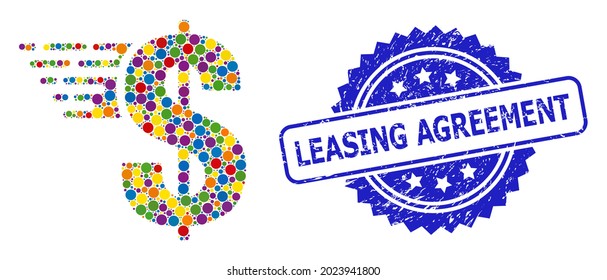 Multicolored mosaic american dollar, and Leasing Agreement dirty rosette seal imitation. Blue stamp seal contains Leasing Agreement title inside rosette.
