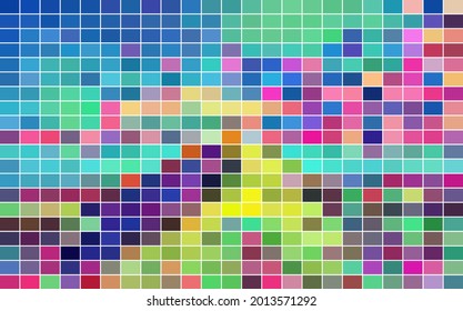 Multicolored mosaic with color cells and white border. Vibrant disco background. Green yellow color checkered template. Geometric pattern macro pixel. Glitch effect design element. Vivid abstraction
