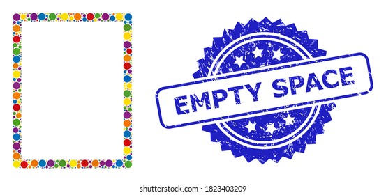 Multicolored mosaic empty page, and Empty Space grunge rosette seal imitation. Blue stamp contains Empty Space title inside rosette.