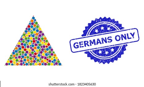 Multicolored mosaic filled triangle, and Germans Only dirty rosette seal imitation. Blue stamp seal has Germans Only title inside rosette.