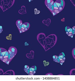 Multicolored mosaic hearts seamless pattern on blue background