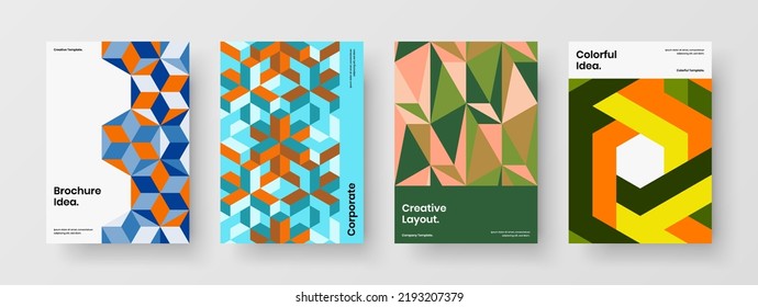 Multicolored mosaic hexagons front page layout collection. Simple company identity vector design template set.