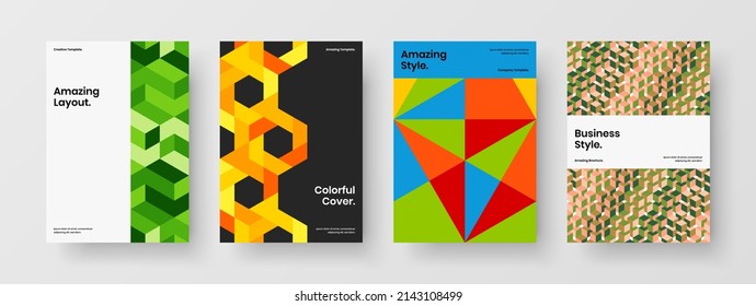 Multicolored mosaic hexagons handbill concept collection. Unique banner A4 design vector illustration bundle.