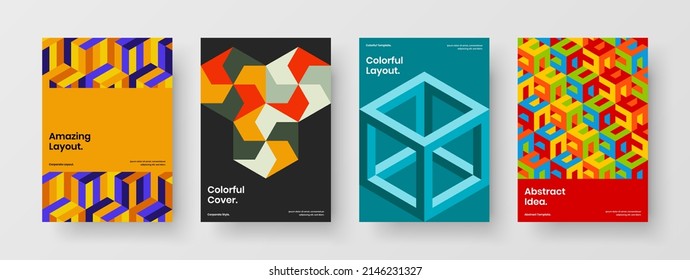 Conjunto de diseño de folletos hexagonales multicolores. Conjunto simple de plantillas vectoriales de diseño de postales.