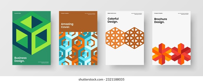 Multicolored mosaic hexagons pamphlet template bundle. Premium company cover vector design layout set.