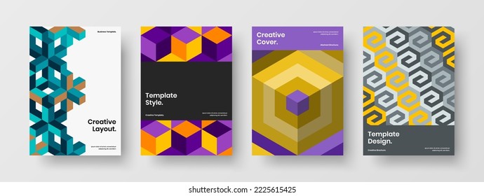 Multicolored mosaic hexagons poster illustration set. Isolated presentation design vector template bundle.